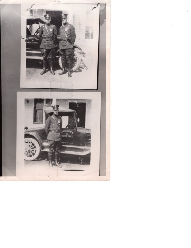 2 black and white photographs Bergenfield Policemen with police car and motorcycle 1926.jpg