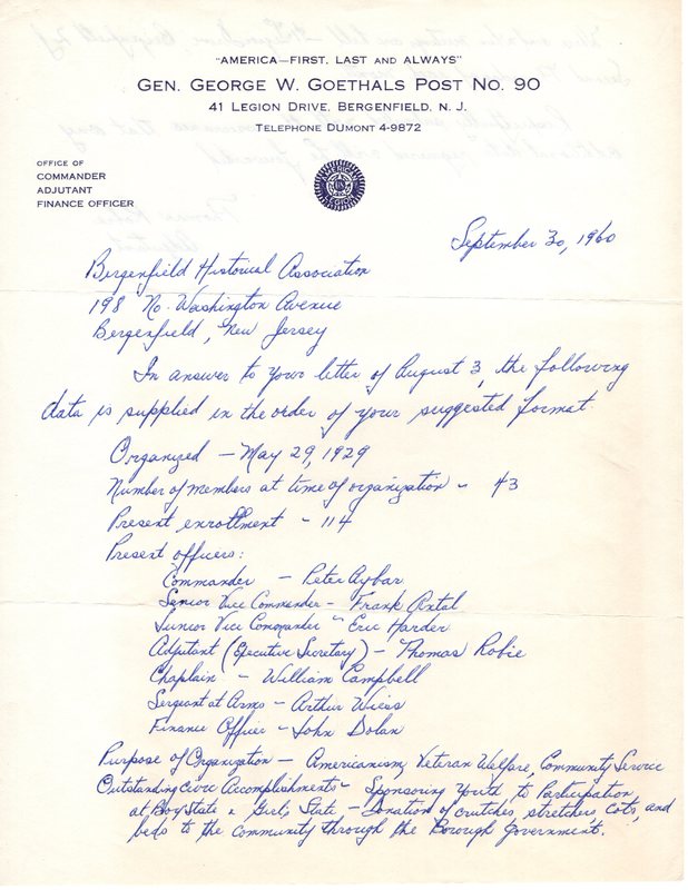 General Geo W Goethals Unit No 90 American Legion Auxiliary history typewritten Sept 30 1960 1.jpg