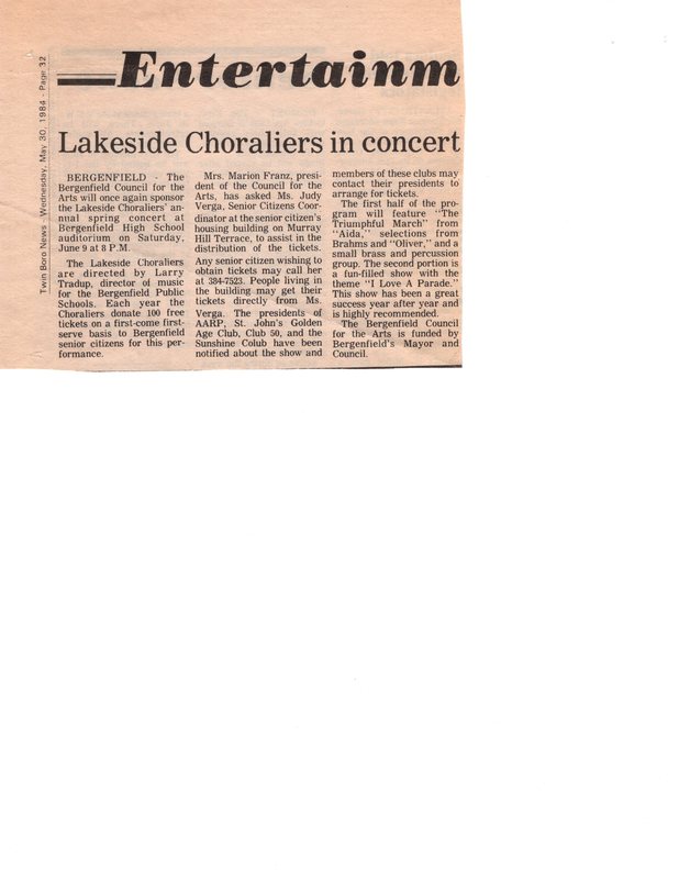 Lakeside Choraliers in Concert newspaper clipping Twin Boro News May 30 1984.jpg