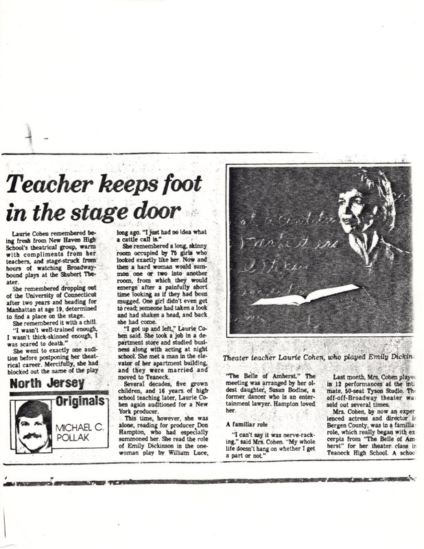 Teacher Keeps Foot in the Stage Door newspaper clipping undated P1.jpg