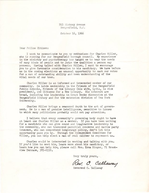 Campaign letter to voters endorsing Charles Miller by Rev C Callaway Oct 16 1966.jpg