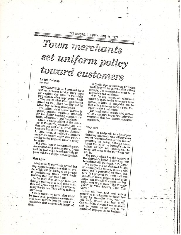 Town Merchants Set Uniform Policy Toward Customers The Record newspaper clipping June 14 1977.jpg