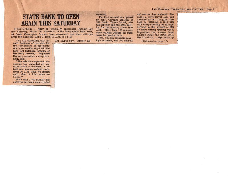 State Bank to Open Again This Saturday newspaper clipping Twin Boro News March 30 1966 P1.jpg