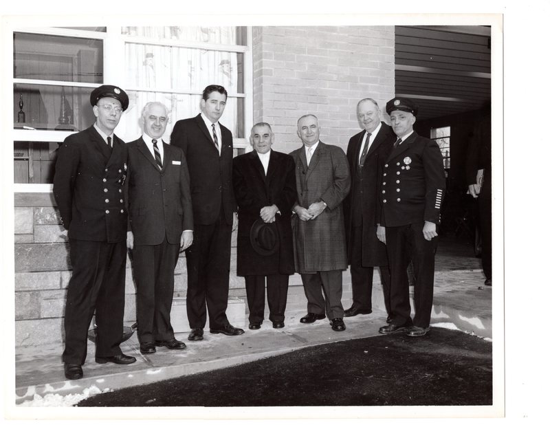 1 black and white photograph (8x10) George Rosein, Mayor Hugh Gillson and four individuals in front of Alert Fire House, West Church Street, 1962.jpg