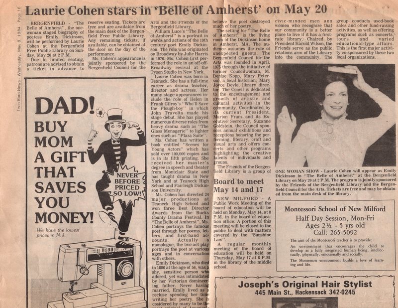 Laurie Cohen Stars in Belle of Amherst on May 20 newspaper clipping Twin Boro News May 9 1984 P1 top.jpg