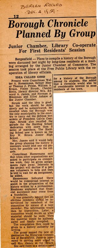 Newspaper Clipping Bergen Record December 4 1959 Borough Chronicle Planned By Group.jpg