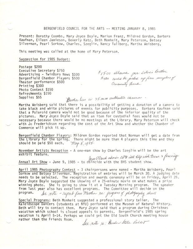 Bergenfield Council for the Arts minutes January 8 1985 P1.jpg