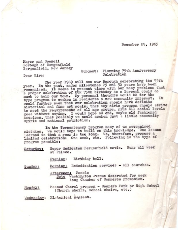 Memo -Planning 75th Anniversary Celebration Dec 29 1965