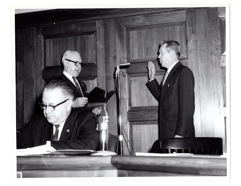 1 black and white photograph 8x10 Mayor and Council Swearing In pictured Bernard Aschenbrand Mayor Hugh Gillson and H. Radford Beucler January 1962.jpg