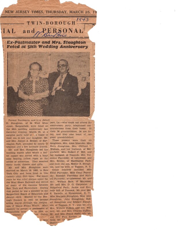 Ex Postmaster and Mrs Stoughton Feted at 50th Wedding Anniversary New Jersey Times newspaper clipping March 25 1943.jpg