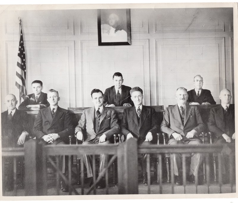 Black and white photograph (8x10) Mayor and Council, pictured Benjamin Dudley (Council) Pierce Deamer (borough attorney) William C. Puder (council) John Regan (council) 2 of 3.jpg