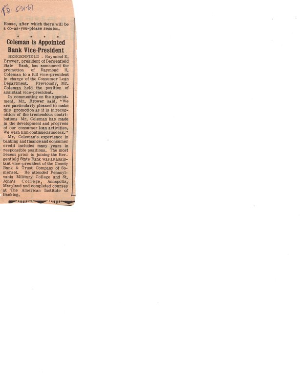Colman is Appointed Vice President newspaper clipping Twin Boro News May 31 1967.jpg