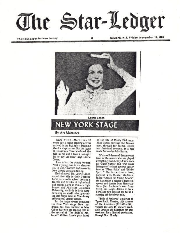 Belle of Amherst review starring Laurie Cohen newspaper clipping Star Ledger Nov 11 1983.jpg
