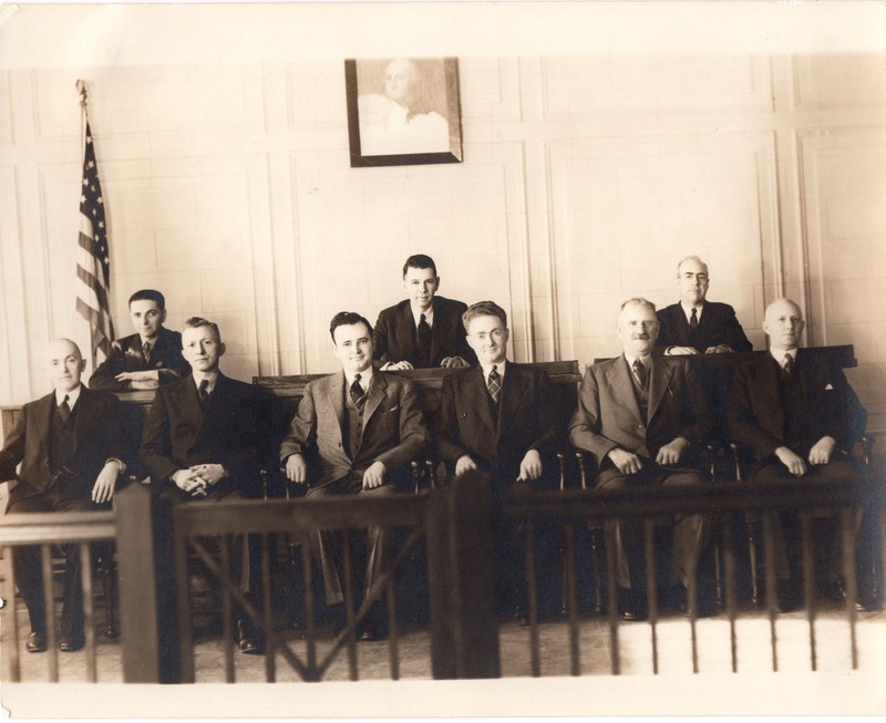 Black and white photograph (8x10) Mayor and Council, pictured Benjamin Dudley (Council) Pierce Deamer (borough attorney) William C. Puder (council) John Regan (council) 3 of 3.jpg