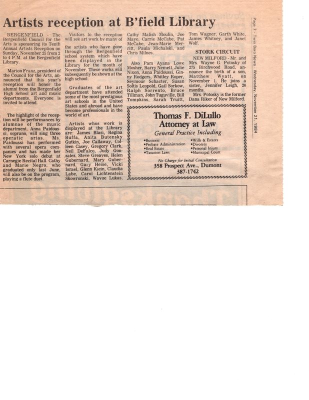 Artists Reception at Bfield Library newspaper clipping Twin Boro News Nov 21 1984.jpg