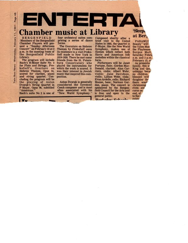 Chamber Music at Library newspaper clipping Twin Boro News, February 11 1981.jpg