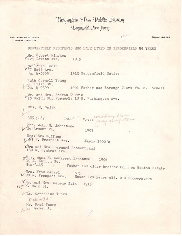 Handwritten and typed list of 50 year Bergenfield residents draft P1 front.jpg