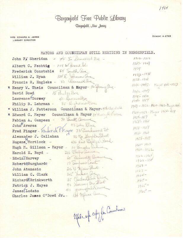 Mayors and Councilman Still Residing in Bergenfield includes addresses and years of service 1964.jpg