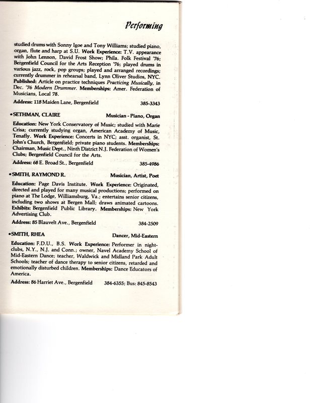 “Artists in Residence” booklet listing of performing, visual, crafts and literary artists in Bergenfield, 1977 P10.jpg