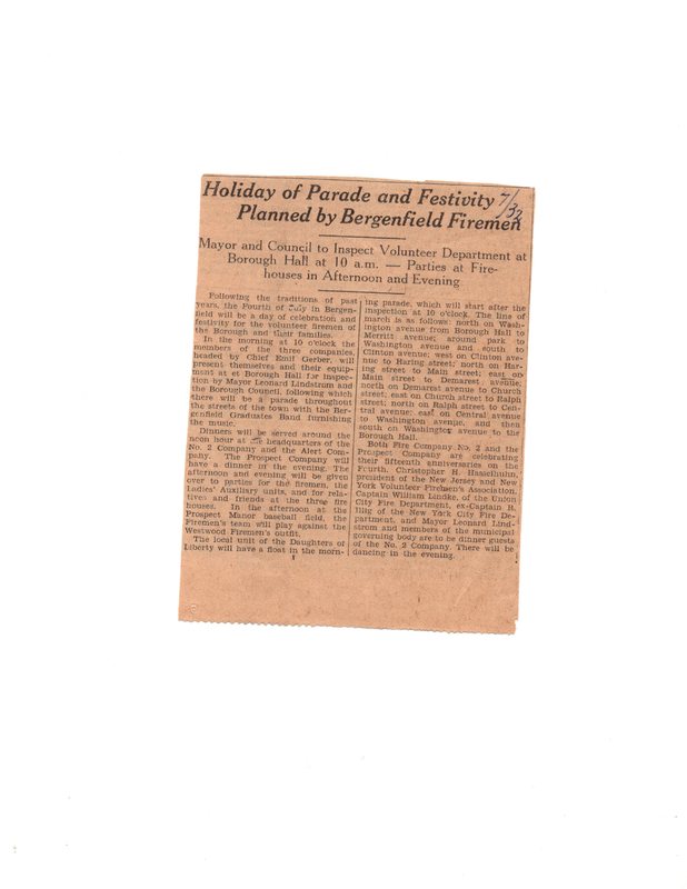 Holiday of Parade and Festivity Planned by Bergenfield Firemen, (newspaper clipping), July 1932.jpg