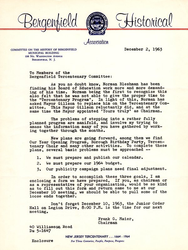 Frank G Maier Letter to Bergenfield Tercentenary Committee Copy 1.jpg