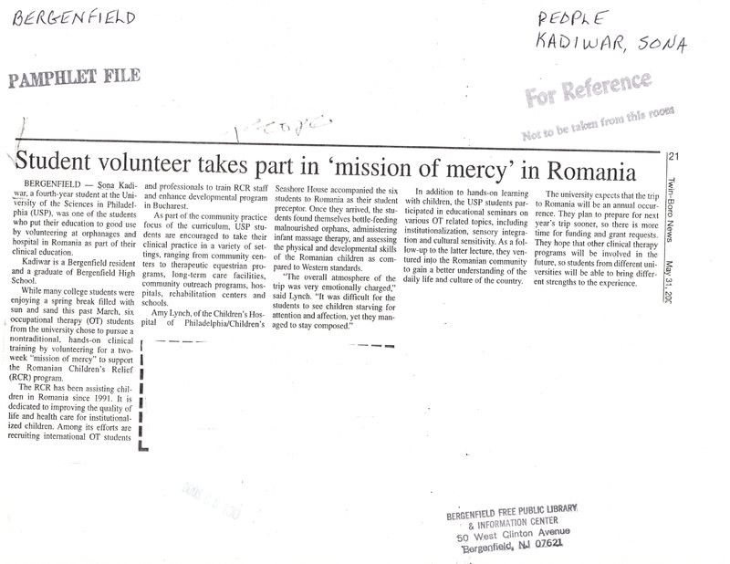 Kadiwar Sona Student volunteer takes part in mission of mercy in Romania May 31 2000.jpg