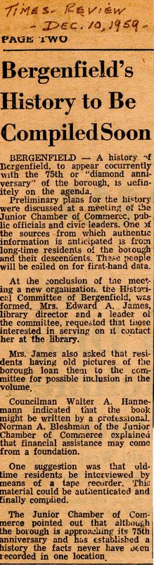 Newspaper Clipping Times Review December 10 1959 Bergenfields History To Be Compiled Soon.jpg