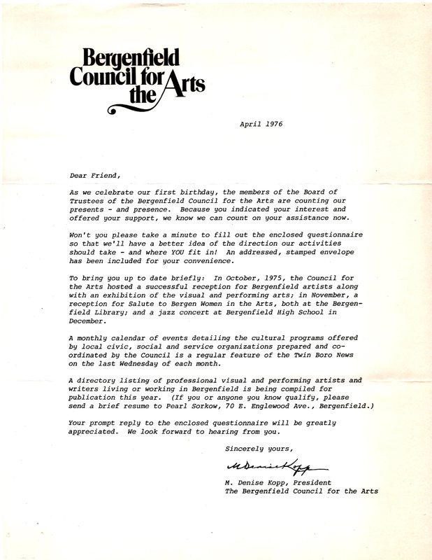 Letter from M. Denise Kopp, president, Bergenfield Council for the Arts recapping one year anniversary.jpg