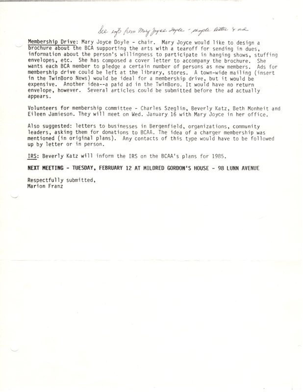 Bergenfield Council for the Arts minutes January 8 1985 P2.jpg