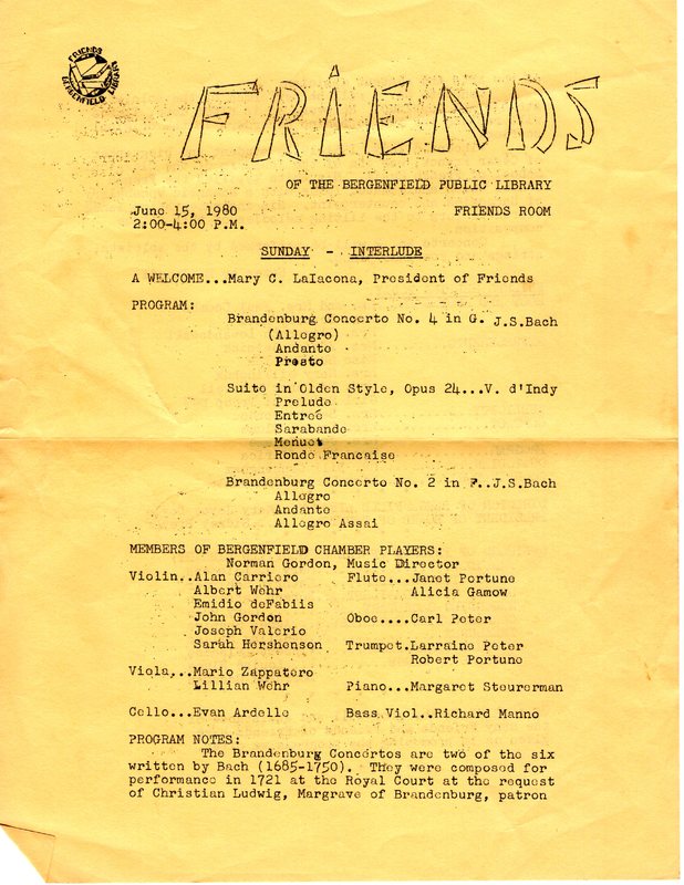 Program for the Bergenfield Chamber Players Concert at the Bergenfield Public Library June 15 1980 page 1.jpg