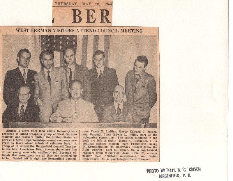 Newspaper Clipping Mayor Edward Meyer and West German students and workers who attended Council meeting as part of State Department sponsored exchange May 1954.jpg