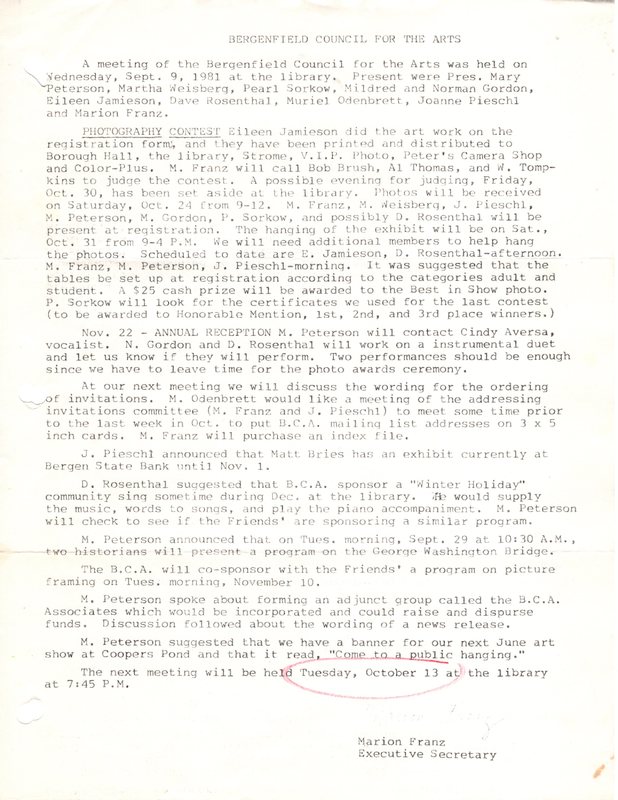 Bergenfield Council for the Arts minutes September 9 1981.jpg