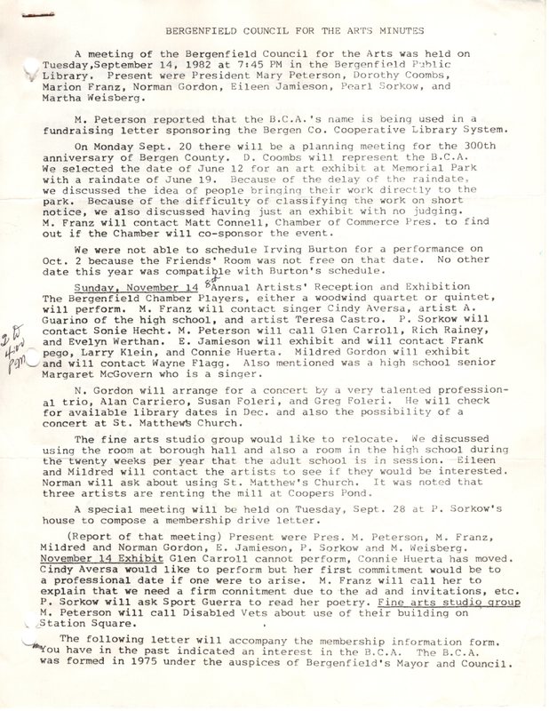 Bergenfield Council for the Arts minutes September 14 1982 P1.jpg