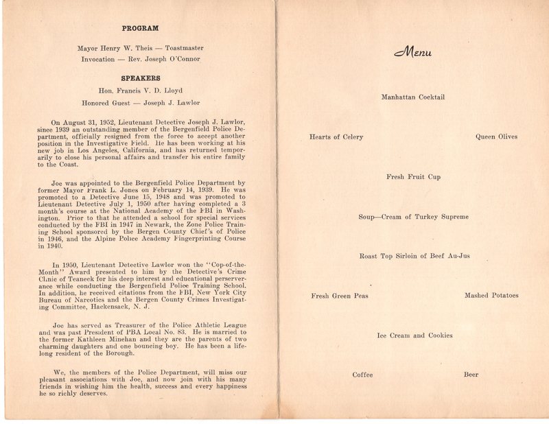 Lieutenant Detective Joseph J Lawlor Testimonial Dinner program 1952 2.jpg