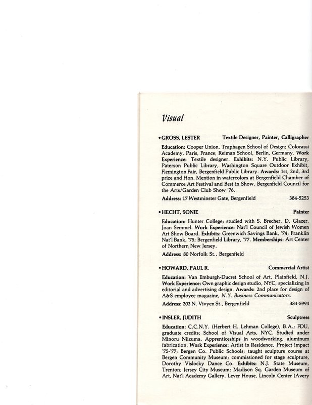 “Artists in Residence” booklet listing of performing, visual, crafts and literary artists in Bergenfield,1977 P15.jpg