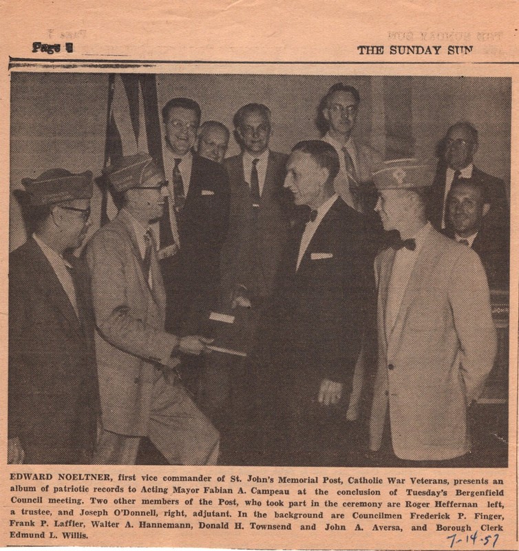 St Johns Memorial Post presents album of patriotic records to Bergenfield Mayor Sunday Sun photo and caption newspaper clipping July 14 1957.jpg