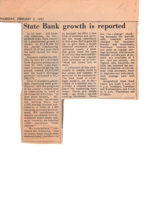 State Bank Growth is Reported newspaper clipping Times Review Feb 2 1967.jpg