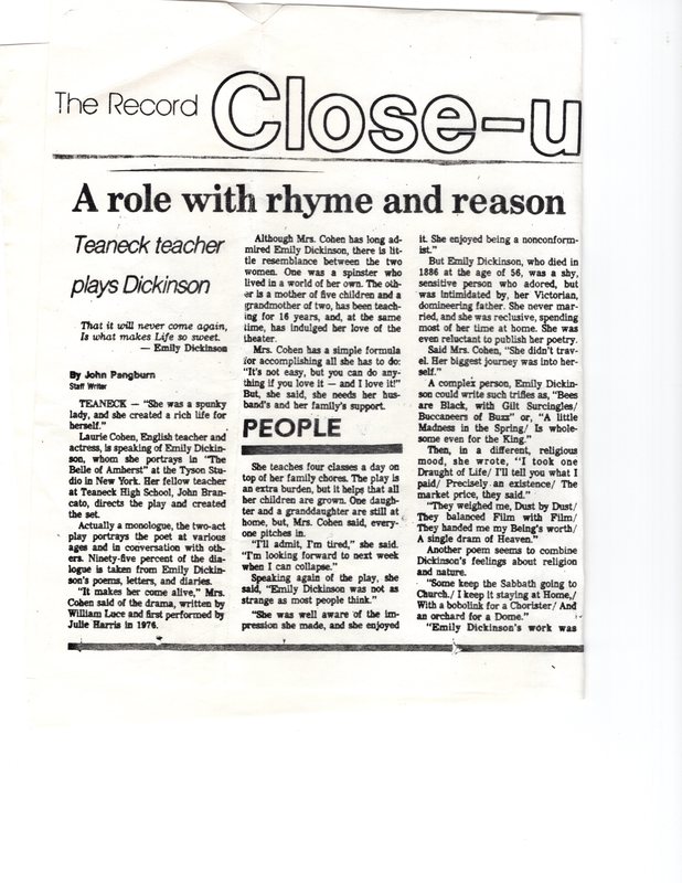 A Role With Rhyme and Reason Teaneck Teacher Plays Dickinson newspaper clipping The Record Nov 22 1983 P1 top.jpg