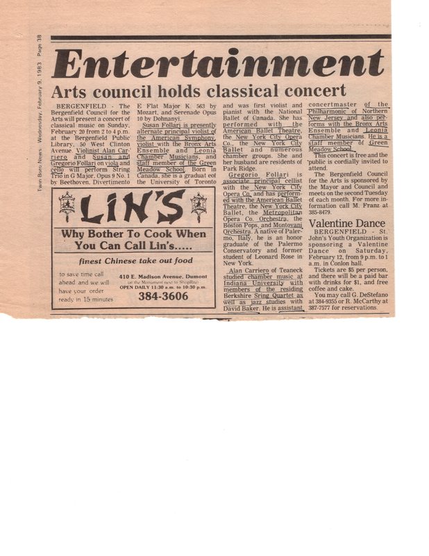 Arts Council Holds Classical Concert newspaper clipping Twin Boro News Feb 9 1983.jpg