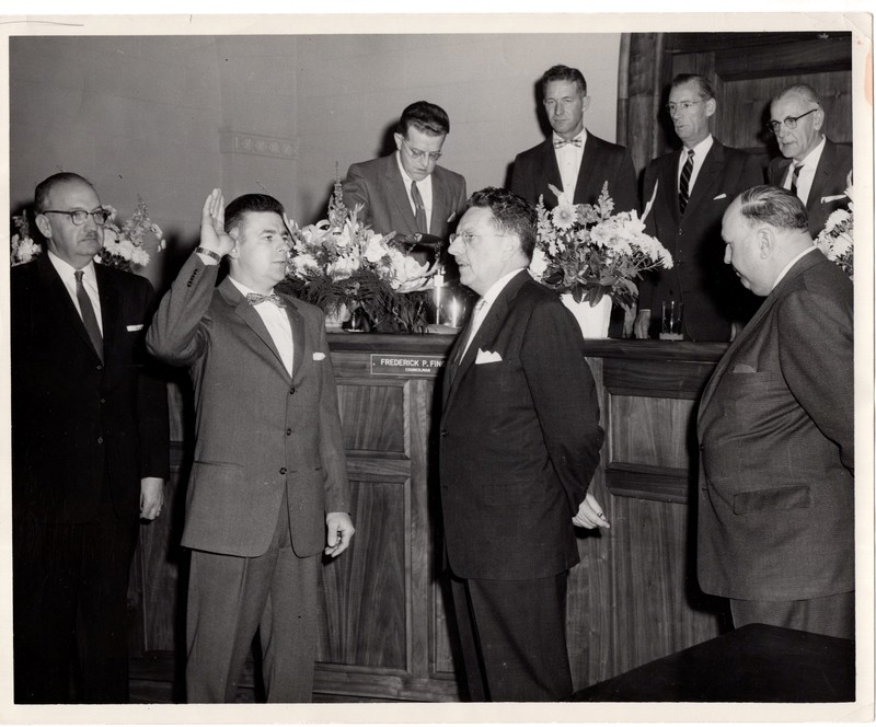 1 black and white photograph 8x10 swearing in ceremony mayor and council pictured Joseph De Trussey Mayor Edward Meyer Pierce H Deamer Jr Chief Kenneth Vikilsen Fred Finger etc..jpg