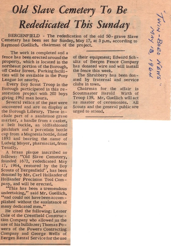 Old Slave Cemetery To Be Dedicated This Sunday Twin Boro News newspaper clipping May 13 1964.jpg