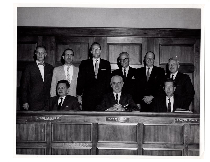 1 black and white photograph 8x10 Mayor and council pictured Mayor Hugh M. Gillson Pierce H Deamer H Radford Beucler and six unidentified subjects January 1961.jpg