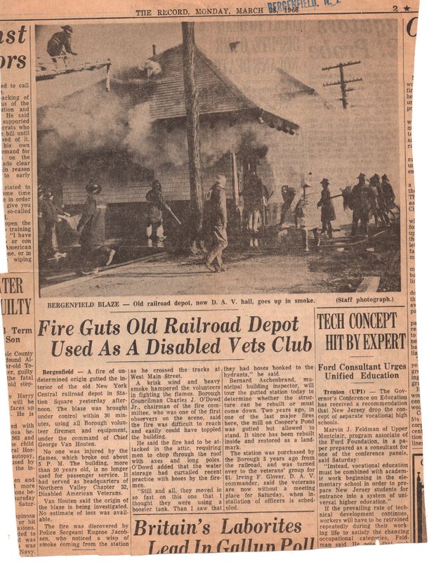 Fire Guts Old Railroad Depot Used as a Disabled Vets Club, The Record (newspaper clipping) March28, 1966.jpg