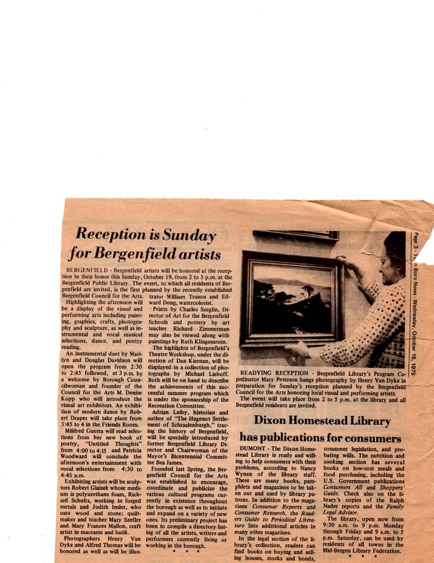 Reception is Sunday for Bergenfield Artists newspaper clipping Twin Boro News October 15 1975.jpg