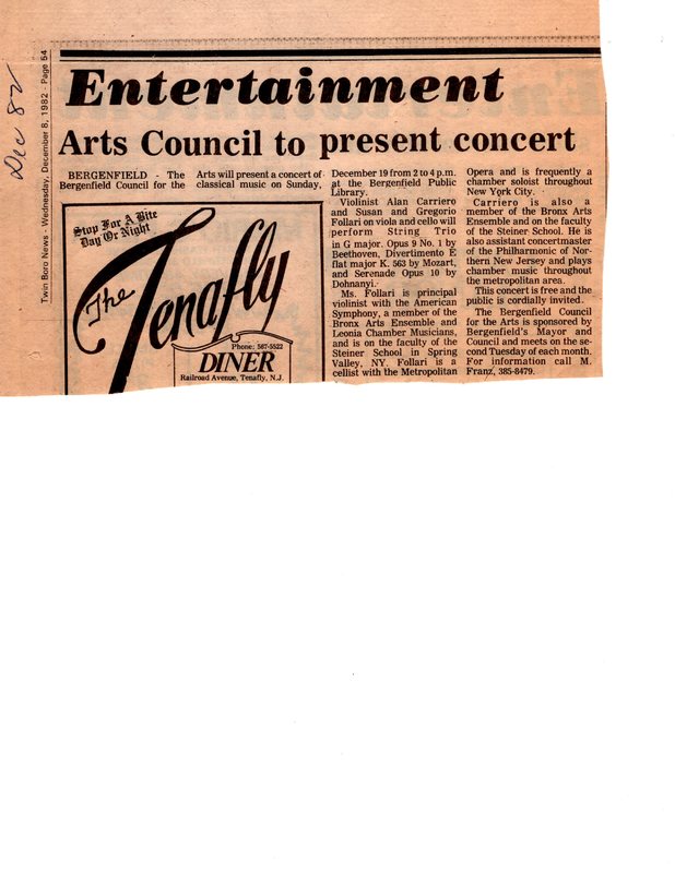 Arts Council to Present Concert newspaper clipping Twin Boro News December 8 1982.jpg