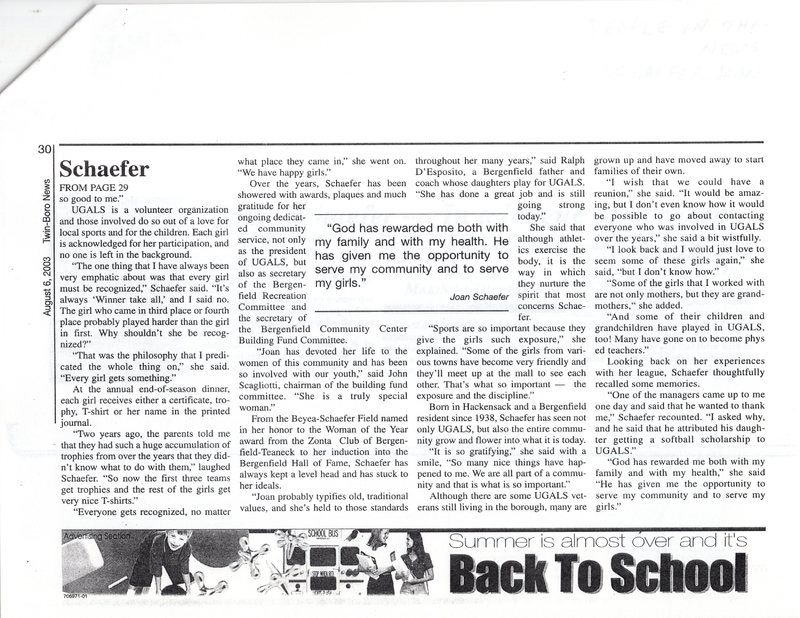 Schaefer Joan In a league of her own twin boro news August 6 2003 3.jpg