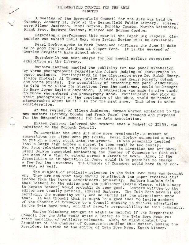Bergenfield Council for the Arts minutes January 11 1982 P1.jpg