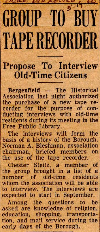 Newspaper Clipping Bergen Evening Record May 19 1960 Group To Buy Tape Recorder.jpg