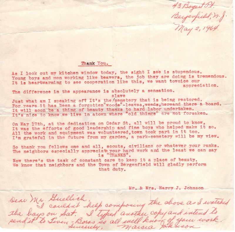 Thank you note from Mr and Mrs Harry J Johnson to Raymond Guellich on cemetery restorationMay 2 1964 .jpg