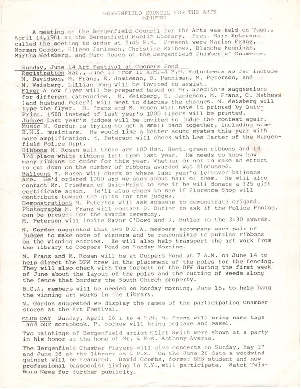 Bergenfield Council for the Arts minutes April 14 1981 P1.jpg